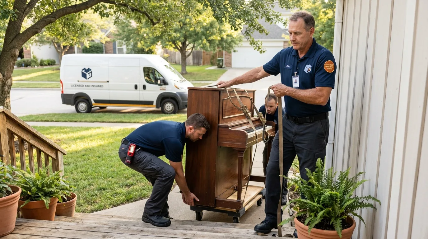 Licensed piano movers securing grand piano in Tustin, CA