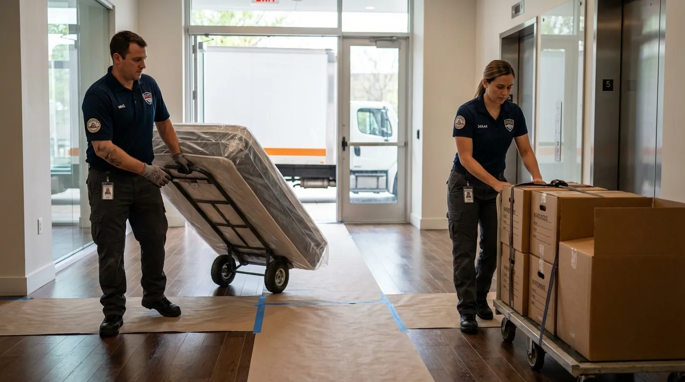 Professional apartment movers loading elevator in Tustin, CA